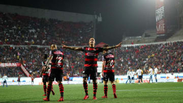 TIJUANA, MEXICO - MAY 04: Ariel Nahuelpan (C) of Tijuana celebrates after scoring the third goal of his team during the 17th round match between Tijuana and Puebla as part of the Torneo Clausura 2019 Liga MX at Caliente Stadium on May 4, 2019 in Tijuana, Mexico. (Photo by Gonzalo Gonzalez/Jam Media/Getty Images)