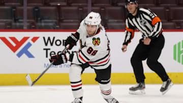 DETROIT, MICHIGAN - FEBRUARY 17: Patrick Kane #88 of the Chicago Blackhawks skates against the Detroit Red Wings at Little Caesars Arena on February 17, 2021 in Detroit, Michigan. (Photo by Gregory Shamus/Getty Images)