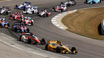 BIRMINGHAM, AL - APRIL 07: Ryan Hunter-Reay, drives the #1 Andretti Autosport DHL Chevrolet ahead of the field during the Honda Indy Grand Prix of Alabama at Barber Motorsports Park on April 7, 2013 in Birmingham, Alabama. (Photo by Nick Laham/Getty Images)