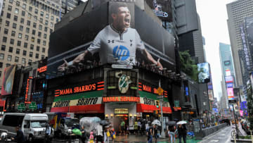 NEW YORK, NY - AUGUST 01: A general view of a billboard showing Welsh professional footballer Gareth Bale of English Premier League club Tottenham Hotspur in Times Square on August 1, 2013 in New York City. (Photo by D Dipasupil/Getty Images)