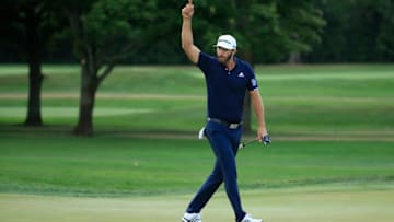OLYMPIA FIELDS, ILLINOIS - AUGUST 30: Dustin Johnson of the United States celebrates making his putt for birdie on the 18th hole during the final round of the BMW Championship on the North Course at Olympia Fields Country Club on August 30, 2020 in Olympia Fields, Illinois. (Photo by Andy Lyons/Getty Images)