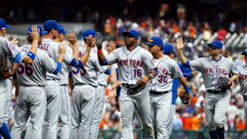 Aug 7, 2016; Detroit, MI, USA; New York Mets players celebrate after the game against the Detroit Tigers at Comerica Park. New York won 3-1. Mandatory Credit: Rick Osentoski-USA TODAY Sports