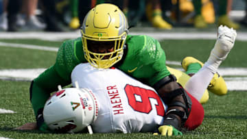 EUGENE, OREGON - SEPTEMBER 04: Defensive end Kayvon Thibodeaux #5 of the Oregon Duck sacks quarterback Jake Haener #9 of the Fresno State Bulldogs during the first quarter of the game at Autzen Stadium on September 04, 2021 in Eugene, Oregon. Oregon won 31-24. (Photo by Steve Dykes/Getty Images)