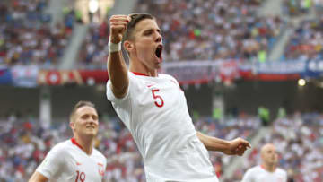 VOLGOGRAD, RUSSIA - JUNE 28: Jan Bednarek of Poland celebrates after scoring his team's first goal during the 2018 FIFA World Cup Russia group H match between Japan and Poland at Volgograd Arena on June 28, 2018 in Volgograd, Russia. (Photo by Julian Finney/Getty Images)