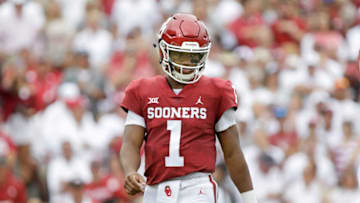 NORMAN, OK - SEPTEMBER 08: Quarterback Kyler Murray #1 of the Oklahoma Sooners walks on the field during the game against the UCLA Bruins at Gaylord Family Oklahoma Memorial Stadium on September 8, 2018 in Norman, Oklahoma. The Sooners defeated the Bruins 49-21. (Photo by Brett Deering/Getty Images)