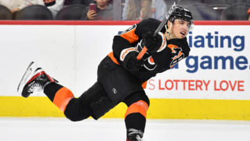 Feb 24, 2023; Philadelphia, Pennsylvania, USA; Philadelphia Flyers center Morgan Frost (48) against the Montreal Canadiens at Wells Fargo Center. Mandatory Credit: Eric Hartline-USA TODAY Sports