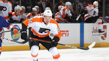 UNIONDALE, NEW YORK - SEPTEMBER 17: German Rubtsov #50 of the Philadelphia Flyers skates against the New York Islanders at the Nassau Veterans Memorial Coliseum on September 17, 2019 in Uniondale, New York. The Islanders defeated the Flyers 3-2 in overtime. (Photo by Bruce Bennett/Getty Images)
