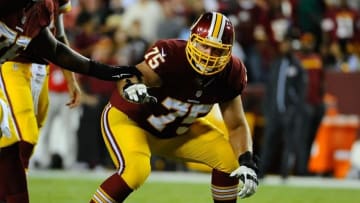 Sep 12, 2016; Landover, MD, USA; Washington Redskins offensive guard Brandon Scherff (75) prepares for the start of the play against the Pittsburgh Steelers during the first half at FedEx Field. Mandatory Credit: Brad Mills-USA TODAY Sports