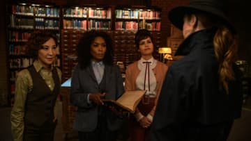 Gunpowder Milkshake. Michelle Yeoh as Florence, Angela Bassett as Anna May, Carla Gugino as Madeleine, Karen Gillan as Sam in Gunpowder Milkshake. Cr. Reiner Bajo/© 2021 STUDIOCANAL SAS, ALL RIGHTS RESERVED