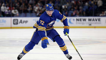 Nov 8, 2022; Buffalo, New York, USA; Buffalo Sabres right wing Tage Thompson (72) controls the puck during the second period against the Arizona Coyotes at KeyBank Center. Mandatory Credit: Timothy T. Ludwig-USA TODAY Sports