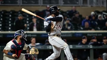 MINNEAPOLIS, MN-SEPTEMBER 26: Christin Stewart #14 of the Detroit Tigers bats against the Detroit Tigers on September 26, 2018 at Target Field in Minneapolis, Minnesota. The Tigers defeated the Twins 11-4. (Photo by Brace Hemmelgarn/Minnesota Twins/Getty Images)