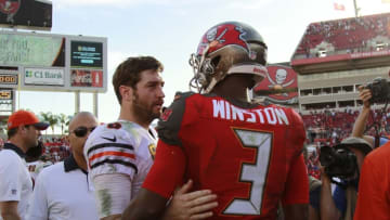Dec 27, 2015; Tampa, FL, USA; Tampa Bay Buccaneers quarterback Jameis Winston (3) and Chicago Bears quarterback Jay Cutler (6) talk at the end of the game at Raymond James Stadium. Mandatory Credit: Kim Klement-USA TODAY Sports