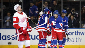 NEW YORK, NEW YORK - NOVEMBER 06: Greg McKegg #14 of the New York Rangers celebrates his short-handed goal at 8:44 of the third period against the Detroit Red Wings at Madison Square Garden on November 06, 2019 in New York City. The Rangers defeated the Red Wings 5-1. (Photo by Bruce Bennett/Getty Images)