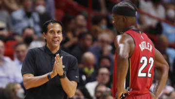 Head coach Erik Spoelstra of the Miami Heat talks with Jimmy Butler #22 against the Milwaukee Bucks(Photo by Michael Reaves/Getty Images)