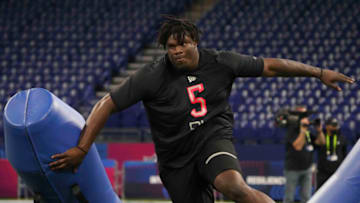 Mar 5, 2022; Indianapolis, IN, USA; Georgia defensive lineman Jordan Davis (DL05) goes through drills during the 2022 NFL Scouting Combine at Lucas Oil Stadium. Mandatory Credit: Kirby Lee-USA TODAY Sports