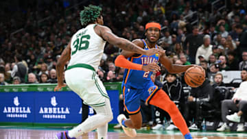 OKC Thunder guard Shai Gilgeous-Alexander (2) drives to the basket against Boston Celtics guard Marcus Smart (36): Brian Fluharty-USA TODAY Sports