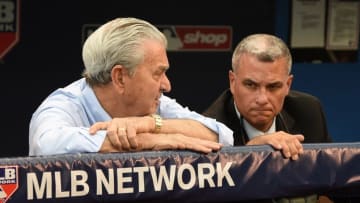 Oct 23, 2015; Kansas City, MO, USA; Kansas City Royals owner David Glass (left) with general manager Dayton Moore (right) before game six of the ALCS against the Toronto Blue Jays at Kauffman Stadium. Mandatory Credit: John Rieger-USA TODAY Sports