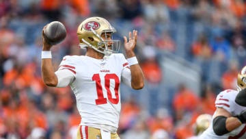 DENVER, CO - AUGUST 19: Quarterback Jimmy Garoppolo #10 of the San Francisco 49ers passes against the Denver Broncos in the first quarter during a preseason National Football League game at Broncos Stadium at Mile High on August 19, 2019 in Denver, Colorado. (Photo by Dustin Bradford/Getty Images)