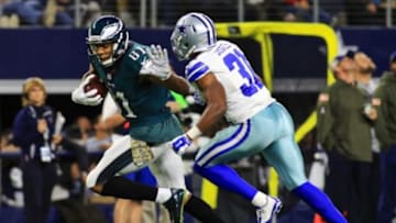 Nov 8, 2015; Arlington, TX, USA; Philadelphia Eagles wide receiver Jordan Matthews (81) looks for yards aftetr the catch on Dallas Cowboys cornerback Byron Jones (31) during the second half of a game at AT&T Stadium. Mandatory Credit: Ray Carlin-USA TODAY Sports
