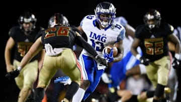 IMG Academy's Kaytron Allen (13) advances against Ravenwood during the first half at Ravenwood High School in Brentwood, Tenn., Friday, Sept. 25, 2020.Rhs Img 092520 An 009