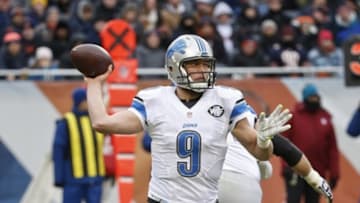 Jan 3, 2016; Chicago, IL, USA; Detroit Lions quarterback Matthew Stafford (9) looks to pass the ball against the Chicago Bears during the first half at Soldier Field. Mandatory Credit: Kamil Krzaczynski-USA TODAY Sports