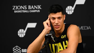 SALT LAKE CITY, UTAH - OCTOBER 02: Simone Fontecchio #16 of the Utah Jazz speaks during the Utah Jazz Media Day at Zions Bank Basketball Campus on October 02, 2023 in Salt Lake City, Utah. NOTE TO USER: User expressly acknowledges and agrees that, by downloading and or using this photograph, User is consenting to the terms and conditions of the Getty Images License Agreement. (Photo by Alex Goodlett/Getty Images)