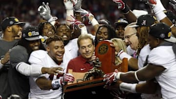 Dec 3, 2016; Atlanta, GA, USA; The Alabama Crimson Tide celebrate after the SEC Championship college football game against the Florida Gators at Georgia Dome. Alabama Crimson Tide won 54-16. Mandatory Credit: Brett Davis-USA TODAY Sports