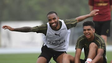 DUBAI, UNITED ARAB EMIRATES - MARCH 25: Alexandre Lacazette and Tyreece John-Jules of Arsenal during the Arsenal Training Session at Nad Al Sheba Sports Complex on March 25, 2019 in Dubai, United Arab Emirates. (Photo by David Price/Arsenal FC via Getty Images)