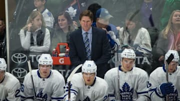 Oct 20, 2016; Saint Paul, MN, USA; Toronto Maple Leafs head coach Mike Babcock looks on during the third period against the Minnesota Wild at Xcel Energy Center. The Wild defeated the Maple Leafs 3-2. Mandatory Credit: Brace Hemmelgarn-USA TODAY Sports