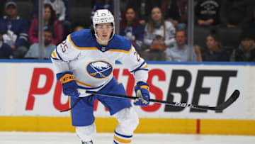 TORONTO, ON - APRIL 12: Owen Power #25 of the Buffalo Sabres skates in his first career NHL game against the Toronto Maple Leafs at Scotiabank Arena on April 12, 2022 in Toronto, Ontario, Canada. The Sabres defeated the Maple Leafs 5-2. (Photo by Claus Andersen/Getty Images)