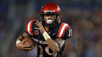 Nov 21, 2014; San Diego, CA, USA; San Diego State Aztecs running back Donnel Pumphrey (19) runs with the ball during the third quarter against the Air Force Falcons at Qualcomm Stadium. Mandatory Credit: Jake Roth-USA TODAY Sports