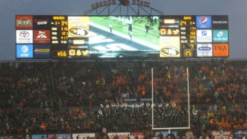 CORVALLIS, OR - NOVEMBER 26: A general view of the scoreboard as time winds down during the fourth quarter of the game between the Oregon Ducks and the Oregon State Beavers at Reser Stadium on November 26, 2016 in Corvallis, Oregon. The Beavers won 34-24. It was the first time the Beavers won the civil war since 2007. (Photo by Steve Dykes/Getty Images)