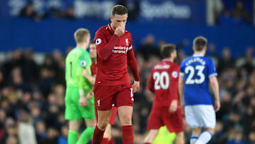 LIVERPOOL, ENGLAND - MARCH 03: Jordan Henderson of Liverpool looks despondent after the Premier League match between Everton FC and Liverpool FC at Goodison Park on March 03, 2019 in Liverpool, United Kingdom. (Photo by Michael Regan/Getty Images)