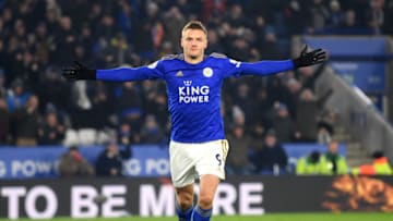 LEICESTER, ENGLAND - DECEMBER 04: Jamie Vardy of Leicester City celebrates after scoring his team's first goal during the Premier League match between Leicester City and Watford FC at The King Power Stadium on December 04, 2019 in Leicester, United Kingdom. (Photo by Michael Regan/Getty Images)