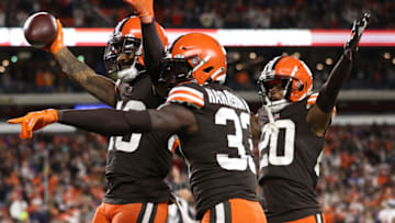 CLEVELAND, OHIO - OCTOBER 21: John Johnson #43 of the Cleveland Browns celebrates his interception against the Denver Broncos at FirstEnergy Stadium on October 21, 2021 in Cleveland, Ohio. (Photo by Gregory Shamus/Getty Images)
