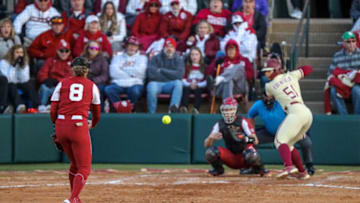 Oklahoma starting pitcher Alex Storako (8) pitches to Florida State catcher Michaela Edenfield (51) during a softball game between University of Oklahoma (OU) and Florida State at Marita Hynes Field in Norman, Okla., on Tuesday, March 14, 2023.Ou Vs Floriday State Softball