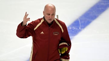 CHICAGO, IL - APRIL 7: Denver Pioneers head coach Jim Montgomery conducts practice on April 7, 2017 in Chicago, Illinois at the United Center. The Pioneers take on Minnesota-Duluth Bulldogs in the Championship game. (Photo by John Leyba/The Denver Post via Getty Images)