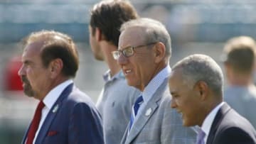 Sep 20, 2015; Jacksonville, FL, USA; From left, Miami developer Jorge Perez and Miami Dolphins owner Stephen Ross before the game against the Jacksonville Jaguars at EverBank Field. Mandatory Credit: Phil Sears-USA TODAY Sports