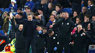 LONDON, ENGLAND - DECEMBER 22: Claude Puel, Manager of Leicester City celebrates following the Premier League match between Chelsea FC and Leicester City at Stamford Bridge on December 22, 2018 in London, United Kingdom. (Photo by Clive Rose/Getty Images)