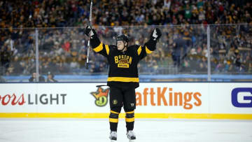 Jan 1, 2016; Foxborough, MA, USA; Boston Bruins defenseman Torey Krug (47) celebrates a goal by Boston Bruins left wing Matt Beleskey (not shown) in the third period Winter Classic hockey game at Gillette Stadium. Mandatory Credit: Greg M. Cooper-USA TODAY Sports