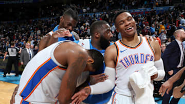 Nerlens Noel, Paul George, Russell Westbrook, OKC Thunder (Photo by Zach Beeker/NBAE via Getty Images)