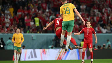 Denmark's forward #09 Martin Braithwaite fights for the ball with Australia's defender #19 Harry Souttar during the Qatar 2022 World Cup Group D football match between Australia and Denmark at the Al-Janoub Stadium in Al-Wakrah, south of Doha on November 30, 2022. (Photo by Chandan KHANNA / AFP) (Photo by CHANDAN KHANNA/AFP via Getty Images)