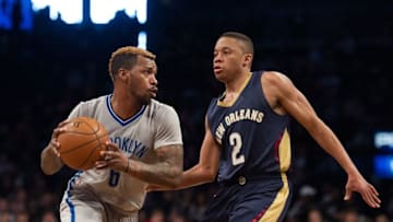 Apr 3, 2016; Brooklyn, NY, USA; New Orleans Pelicans guard Tim Frazier (2) guards Brooklyn Nets guard Sean Kilpatrick (6) in the second half at Barclays Center. Pelicans defeat the Nets 106-87. Mandatory Credit: William Hauser-USA TODAY Sports