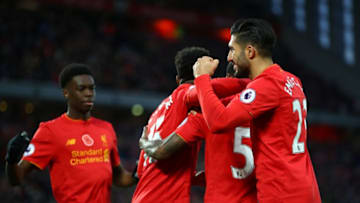 LIVERPOOL, ENGLAND - NOVEMBER 06: Georginio Wijnaldum of Liverpool celebrates after scoring his sides sixth goal with Emre Can and Daniel Sturridge during the Premier League match between Liverpool and Watford at Anfield on November 6, 2016 in Liverpool, England. (Photo by Clive Brunskill/Getty Images)