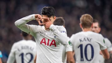 LONDON, ENGLAND - NOVEMBER 04: Heung-Min Son of Tottenham Hotspur celebrates after scoring the first goal during the UEFA Europa Conference League group G match between Tottenham Hotspur and Vitesse at Tottenham Hotspur Stadium on November 4, 2021 in London, United Kingdom. (Photo by Sebastian Frej/MB Media/Getty Images)