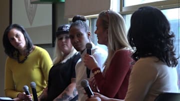 From left: Lea B. Olsen, Nikki Time, Rebekkah Brunson, Laura Fixsen and Whitney McKinley discuss the subject of women's equality at the inaugural Lynx Women's Spotlight event at Summit Brewery in St. Paul, Minn. Photo by Robin Wilcox.