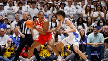 DURHAM, NC - NOVEMBER 30: Zed Key #23 of the Ohio State Buckeyes moves the ball against Dereck Lively II #1 of the Duke Blue Devils during the first half of their game at Cameron Indoor Stadium on November 30, 2022 in Durham, North Carolina. (Photo by Lance King/Getty Images)