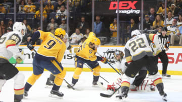 NASHVILLE, TN - FEBRUARY 01: The shot of Nashville Predators right wing Craig Smith (15) deflects off the pads of Vegas Golden Knights goalie Marc-Andre Fleury (29) during the NHL game between the Nashville Predators and Vegas Golden Knights, held on February 1, 2020, at Bridgestone Arena in Nashville, Tennessee. (Photo by Danny Murphy/Icon Sportswire via Getty Images)