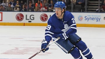 TORONTON, ON - JANUARY 6: William Nylander #29 of the Toronto Maple Leafs skates with the puck against the Vancouver Canucks during an NHL game at the Air Canada Centre on January 6, 2018 in Toronto, Ontario, Canada. The Maple Leafs defeated the Canucks 3-2 in an overtime shoot-out. (Photo by Claus Andersen/Getty Images)