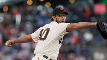 Jun 8, 2016; San Francisco, CA, USA; San Francisco Giants starting pitcher Madison Bumgarner (40) pitches the ball against the Boston Red Sox during the first inning at AT&T Park. Mandatory Credit: Kelley L Cox-USA TODAY Sports